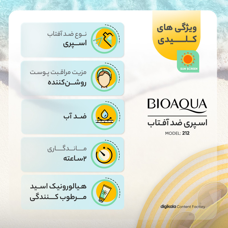 اسپری ضدآفتاب  سفید کننده بدون رنگ بایو آکوا SPF30 مدل 212 مناسب انواع پوست، حجم 150 میلیلیتر