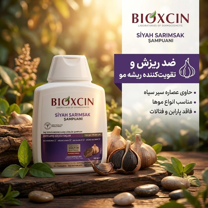 شامپو ضد ریزش مو بیوکسین مدل سیر سیاه حجم 300 میلی‌لیتر، تقویت‌کننده ریشه مو، حاوی آنتی‌اکسیدان و ویتامین، مناسب انواع موها، فاقد پارابن و فتالات