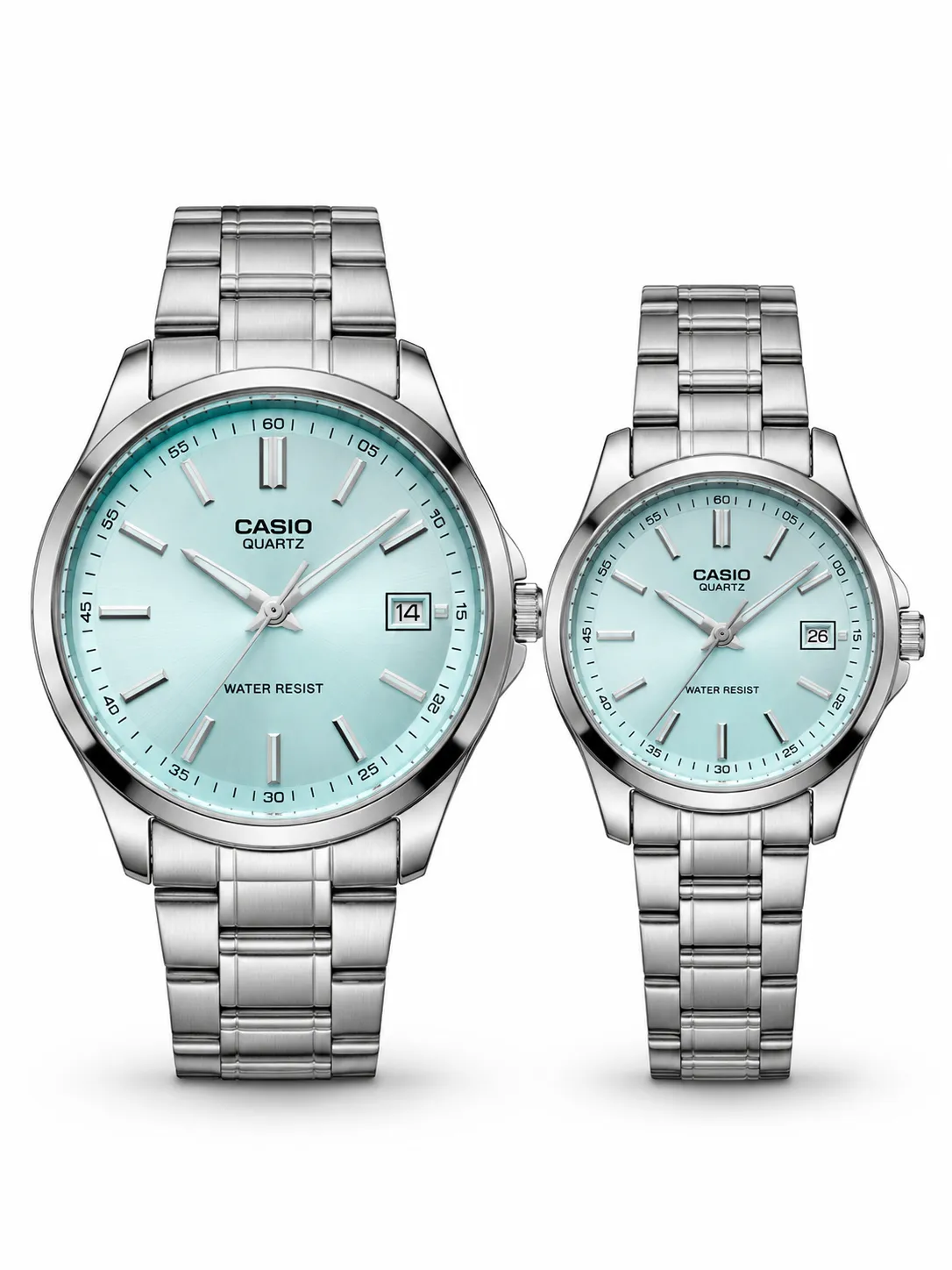 ست ساعت مچی زوجی CASIO نقره‌ای با صفحه آبی روشن و نمایش تاریخ